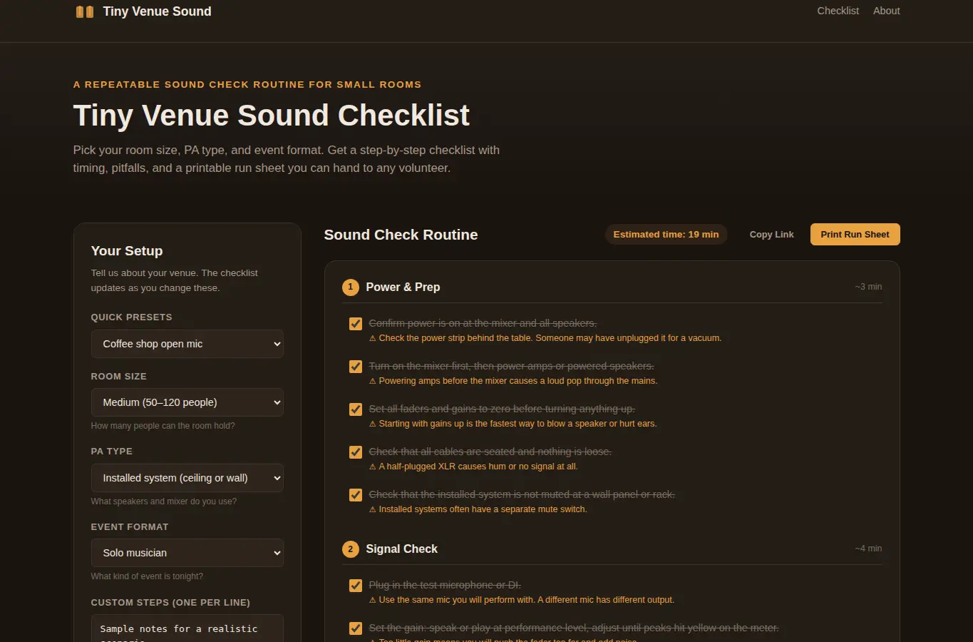 Screenshot of Tiny Venue Sound Checklist interface showing the project page in use